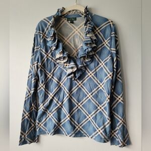 Lauren Ralph Co. Blue plaid blouse Large